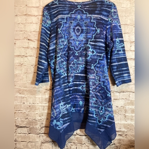 French Bazaar Tunic Top Womens XL Blue Flowy Studded Beads Asymmetric Hem - Picture 8 of 8